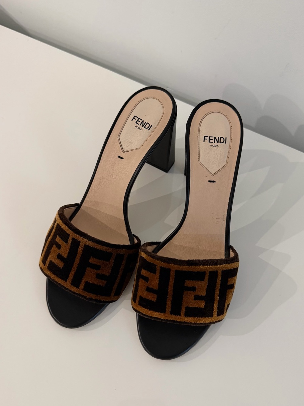 Fendi Black and Brown FF Logo Block Heel Slides
